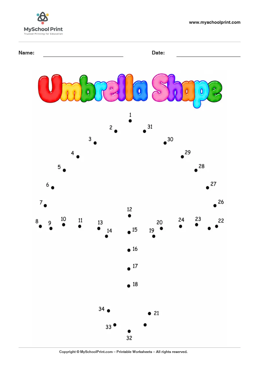 Umbrella Shape dot to dot worksheet for kids