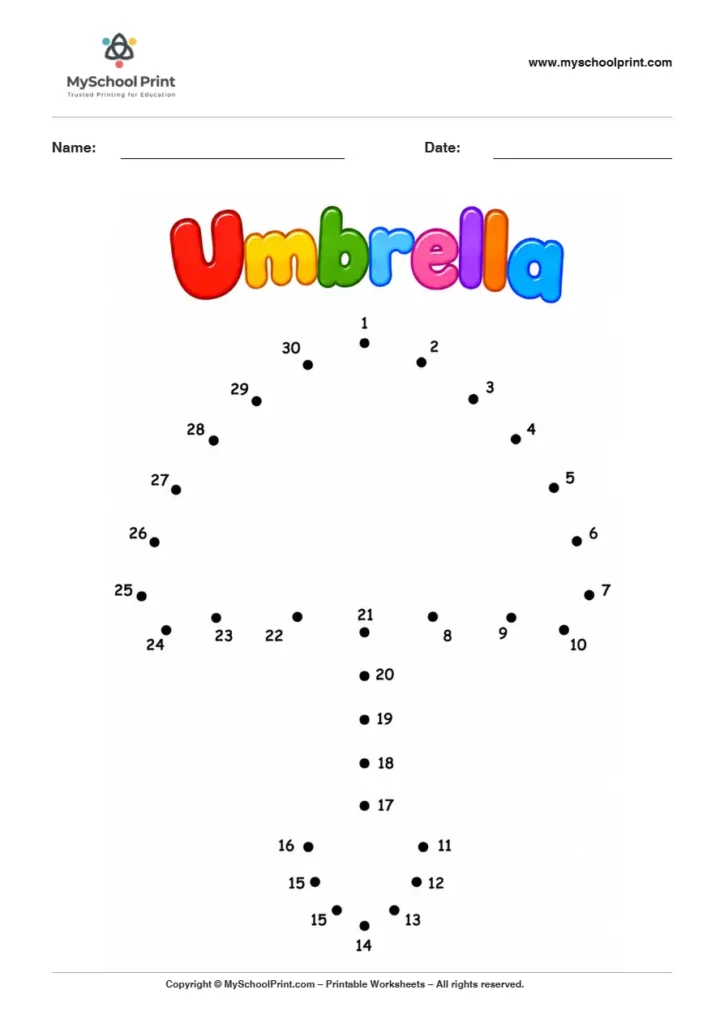 Umbrella dot to dot worksheet for kids