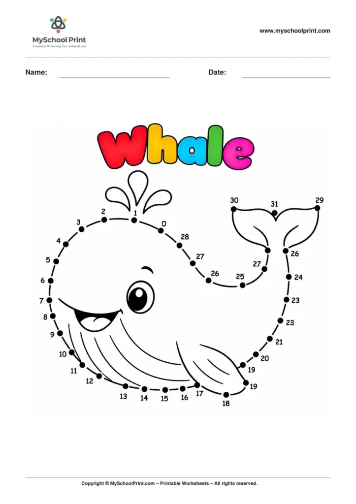 Dot to Dot Whale Coloring Worksheet for Kids