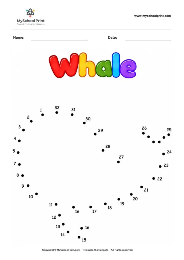 Whale dot to dot worksheet for kids