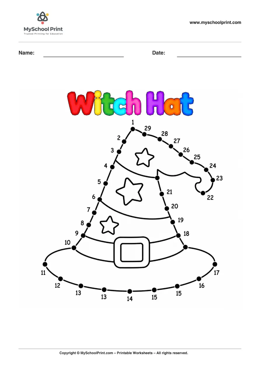 Dot to Dot Witch Hat Coloring Worksheet for Kids
