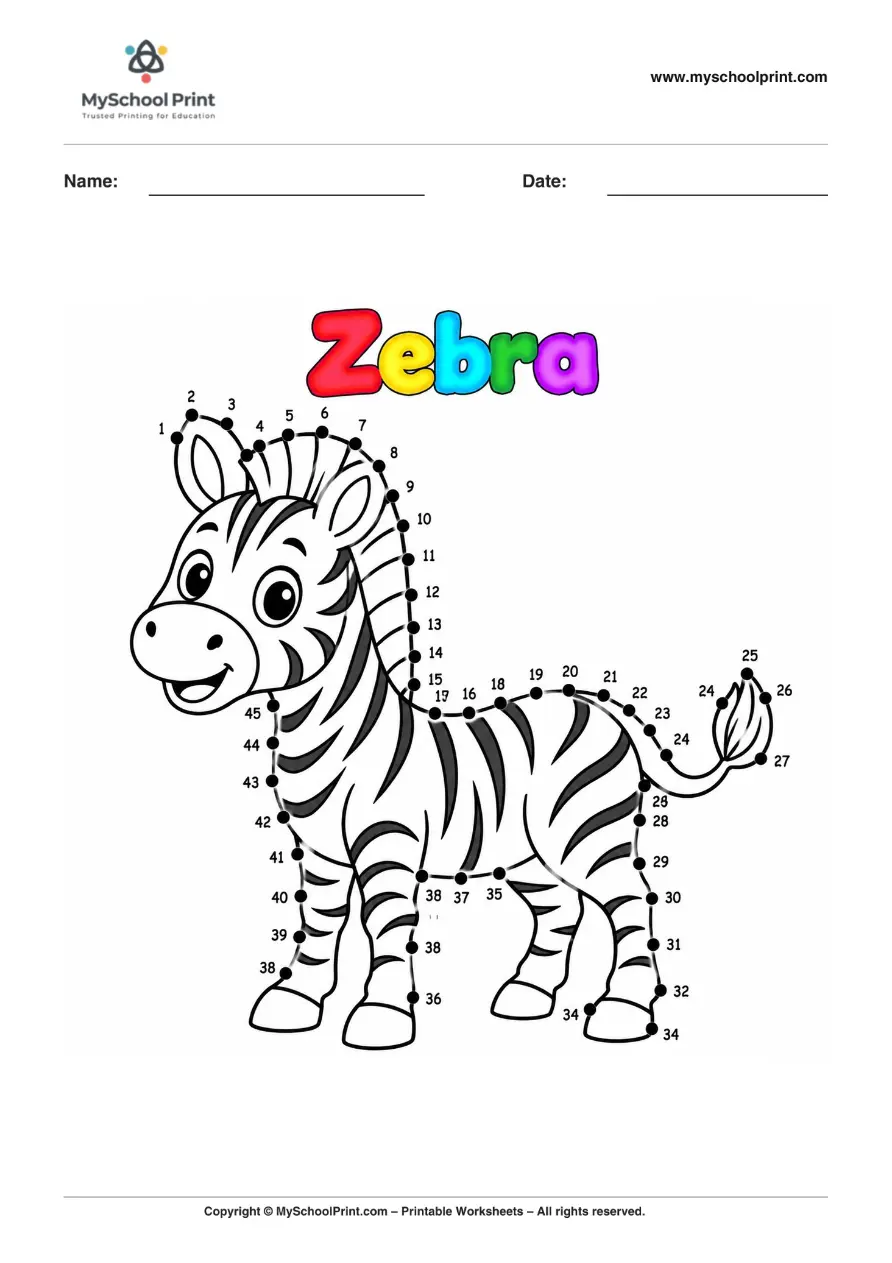Dot to Dot Zebra Coloring Worksheet for Kids