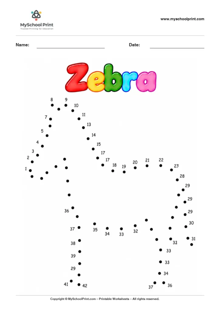 Zebra dot to dot worksheet for kids