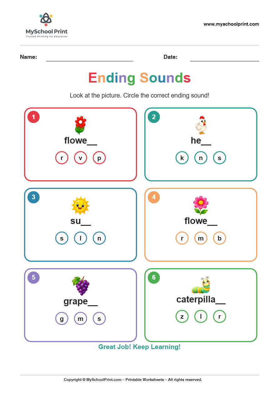 ending sound worksheet 2 for kindergarten phonics