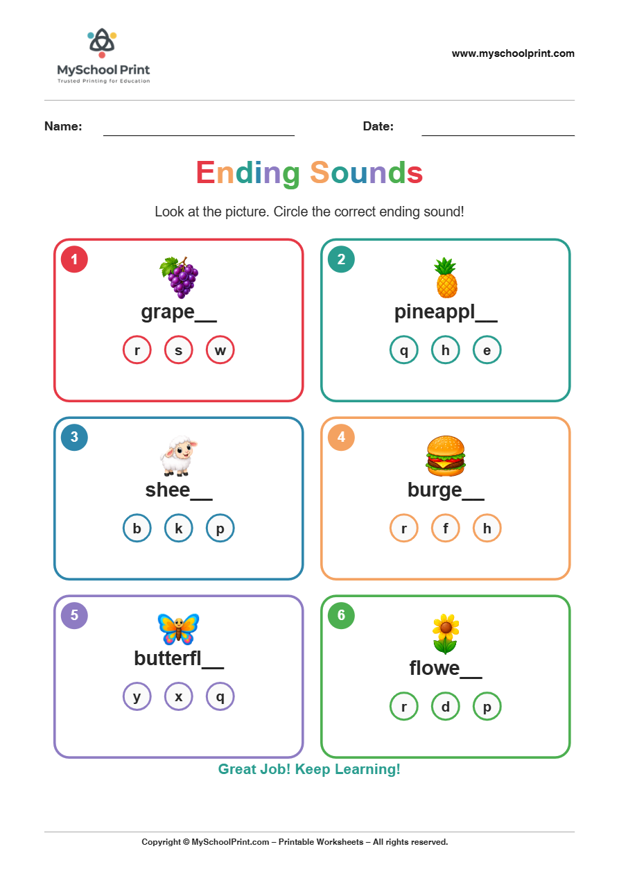 ending sound worksheet 6 for kindergarten phonics