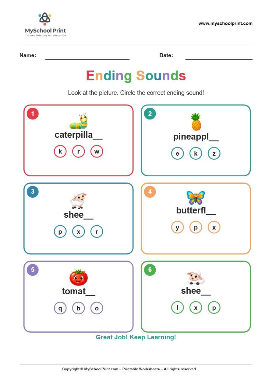 ending sound worksheet 7 for kindergarten phonics