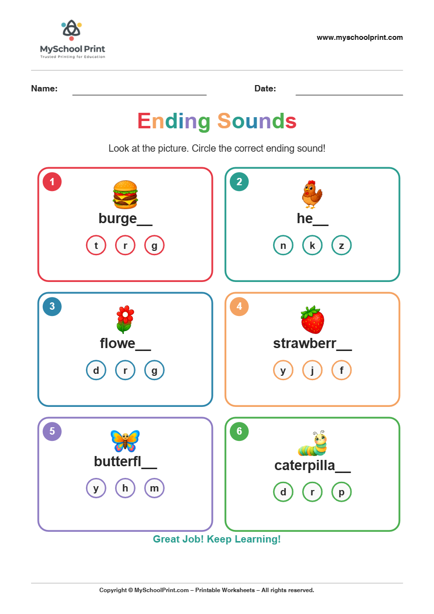 ending sound worksheet 11 for kindergarten phonics