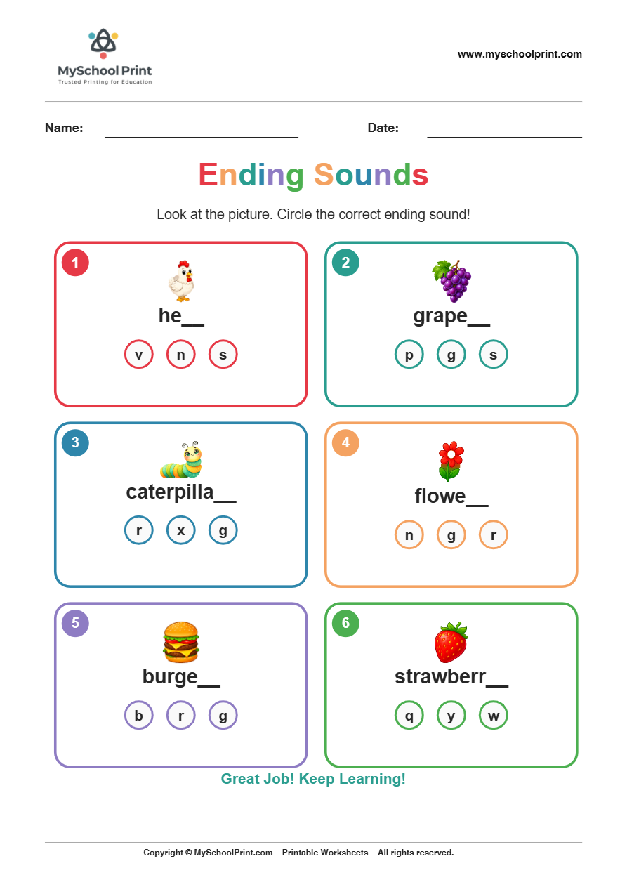 ending sound worksheet 22 for kindergarten phonics