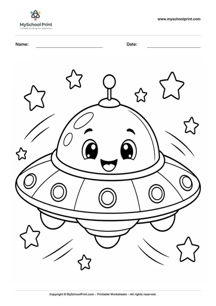 cheerful UFO among the stars coloring page for kids