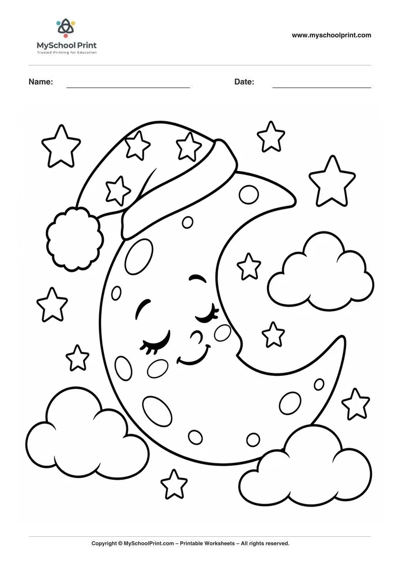 sleepy moon among the stars coloring page for kids