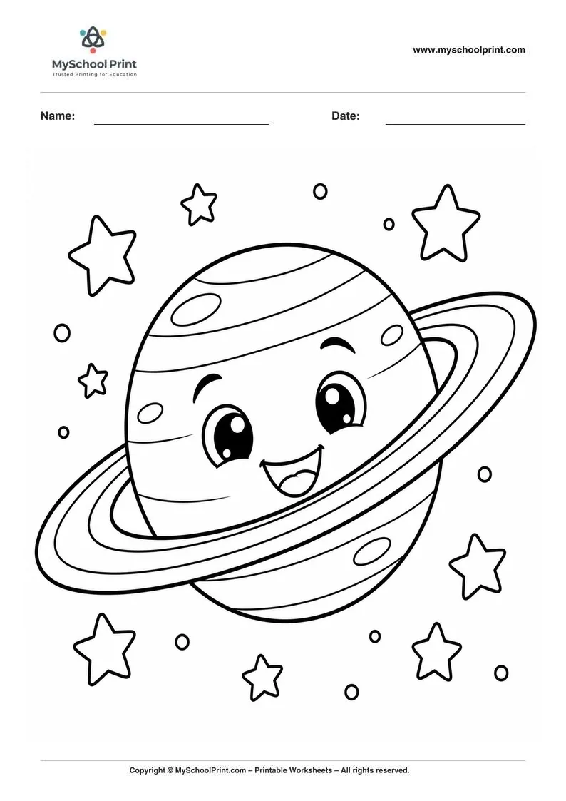 cheerful Saturn in a starry sky coloring page for kids