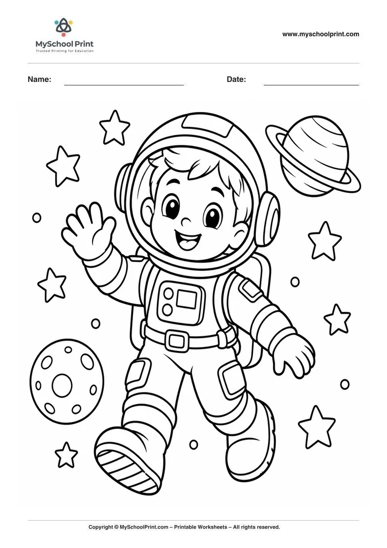 cheerful child astronaut in space coloring page for kids
