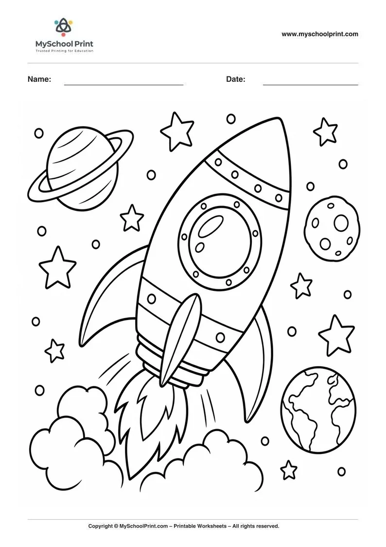 cartoon rocket launching through space coloring page for kids