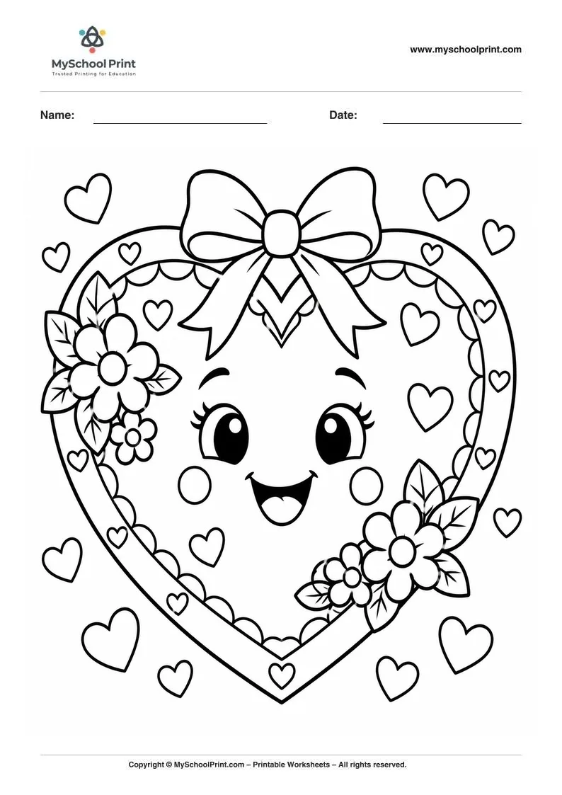 heartful bow and floral design coloring page for kids
