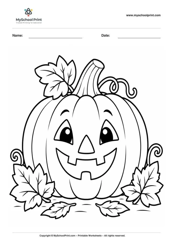 cheerful Jack-o-lantern and autumn leaves coloring page for kids
