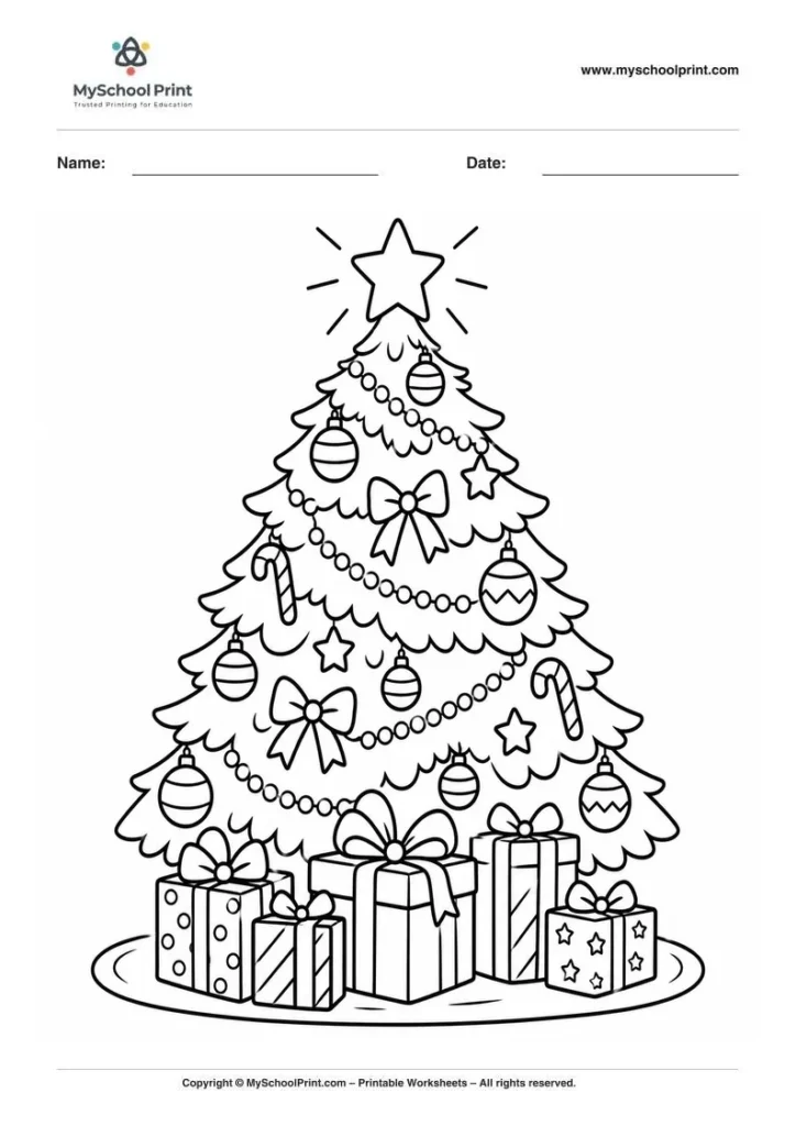 festive Christmas tree coloring page for kids