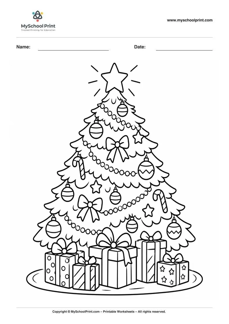 festive Christmas tree coloring page for kids