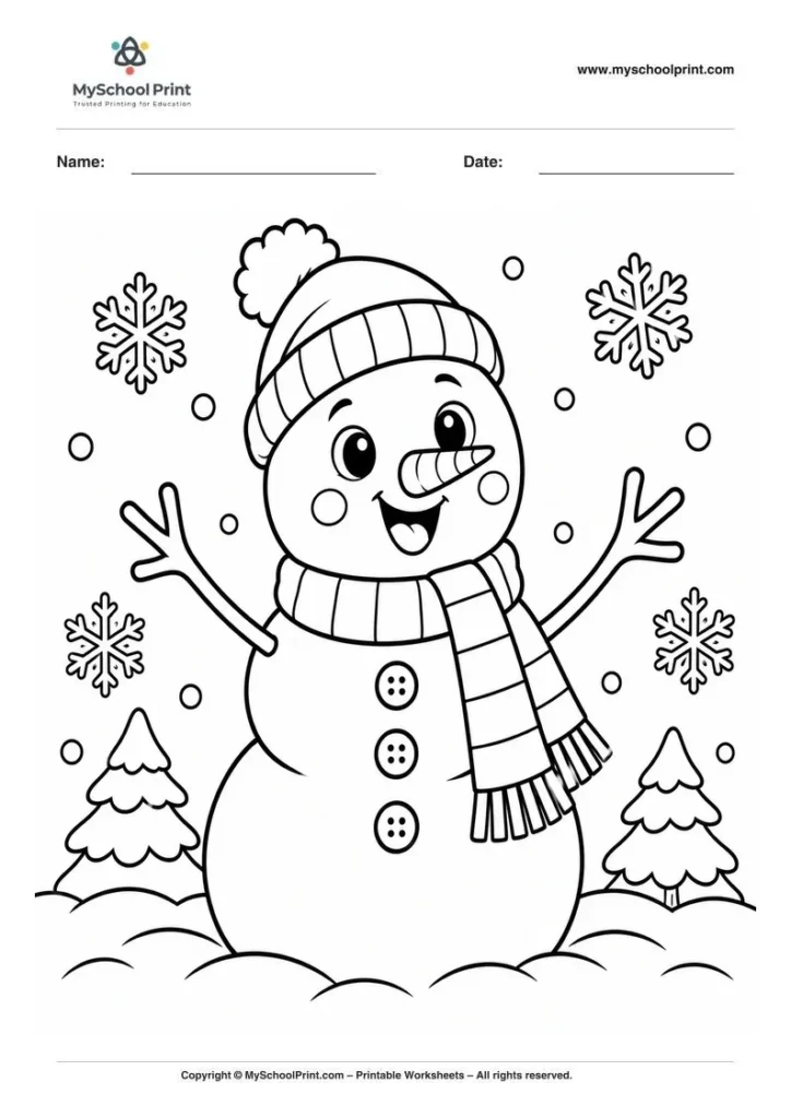cheerful snowman winter wonderland coloring page for kids