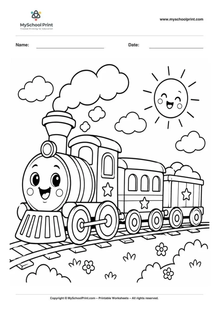 smiling steam train adventure coloring page for kids