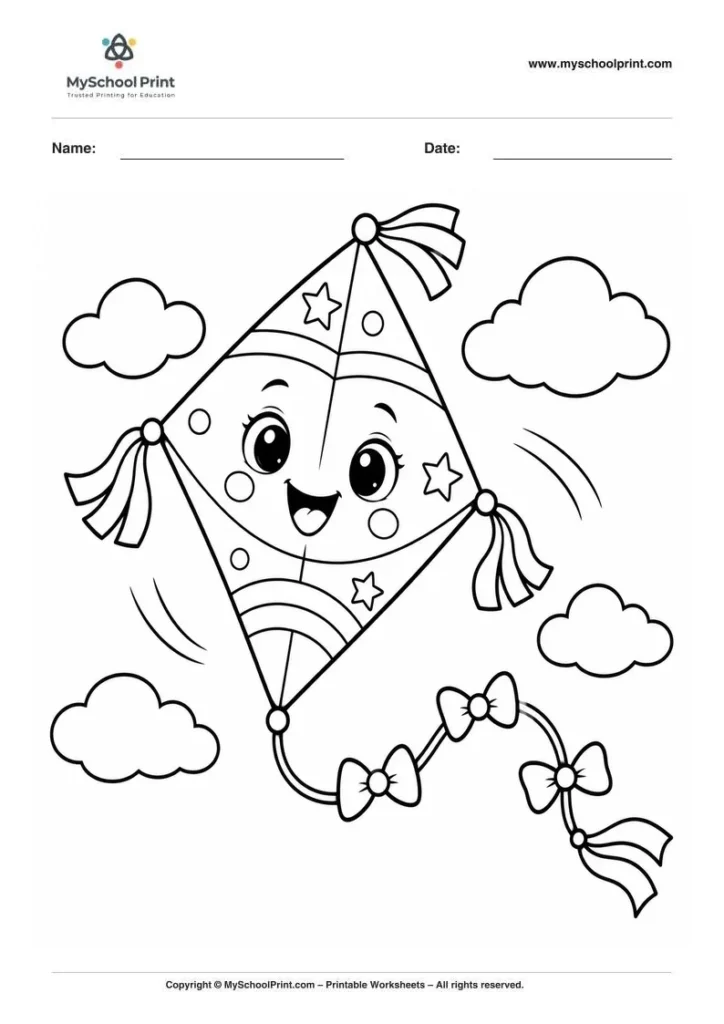 cheerful kite in a cloudy sky coloring page for kids