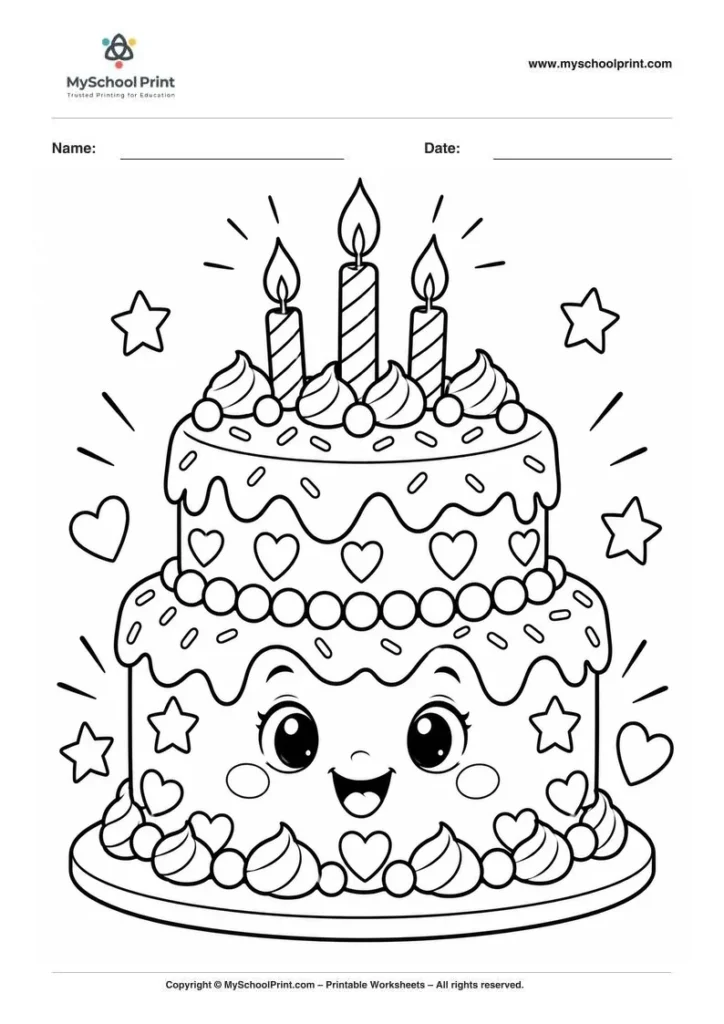 kawaii birthday cake coloring page for kids