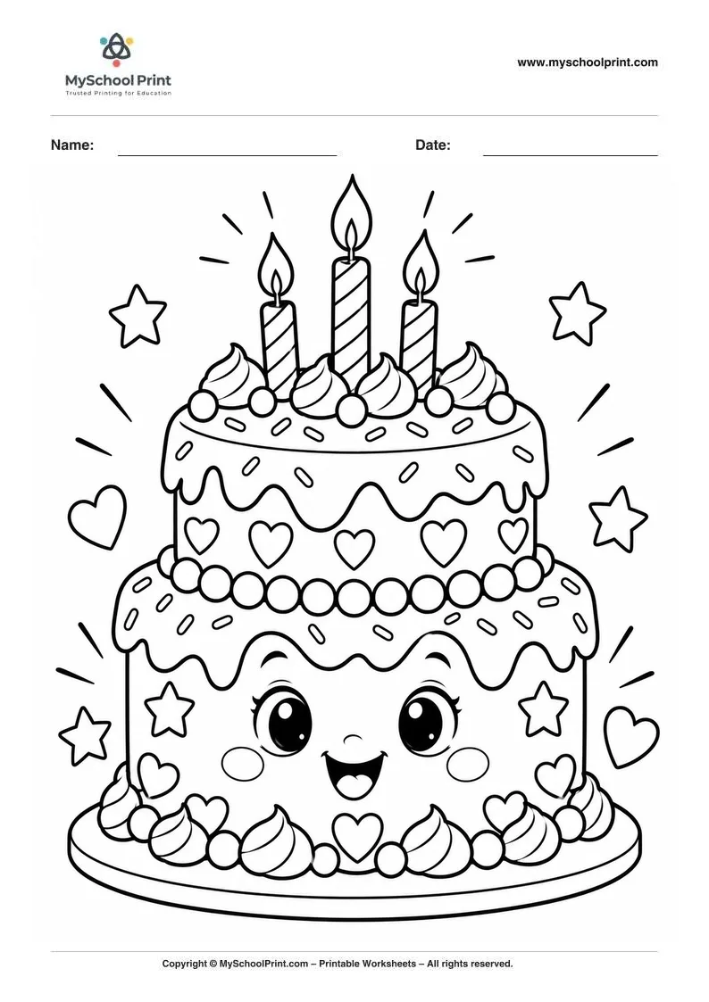 kawaii birthday cake coloring page for kids