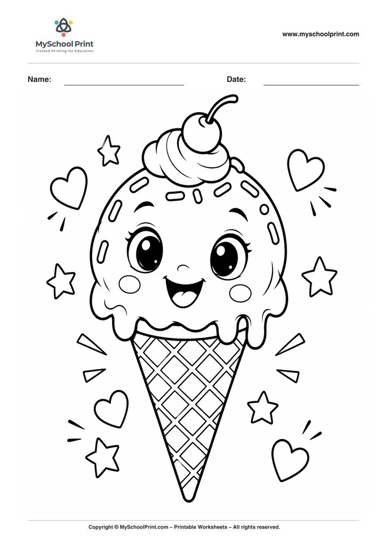 kawaii ice cream cone coloring page for kids