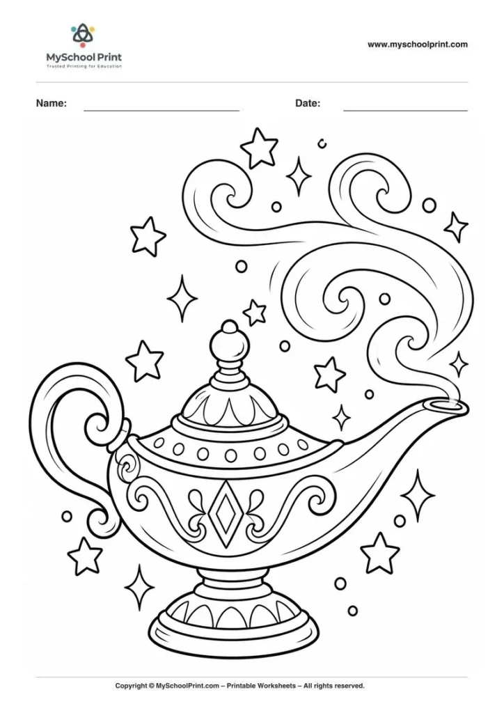 ornate genie lamp with magical design coloring page for kids