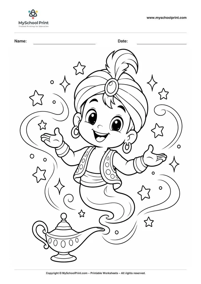 cheerful genie and magic lamp coloring page for kids