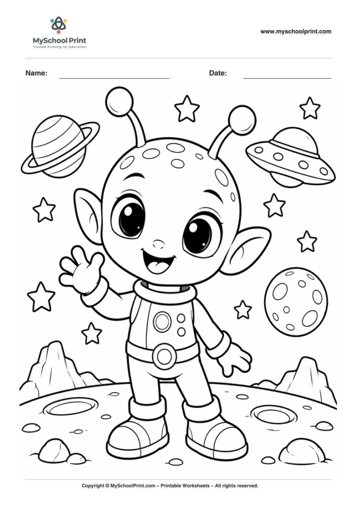 cheerful alien on the moon coloring page for kids