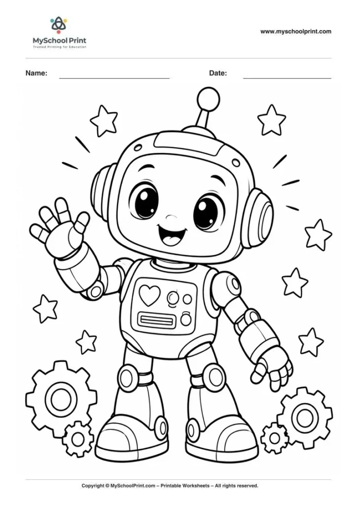 cheerful robot among the stars coloring page for kids