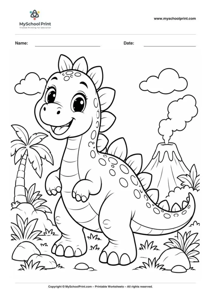 cheerful dinosaur in a prehistoric landscape coloring page for kids