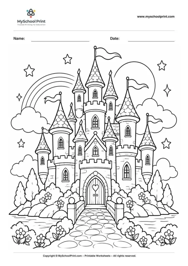 whimsical fairy castle coloring page for kids