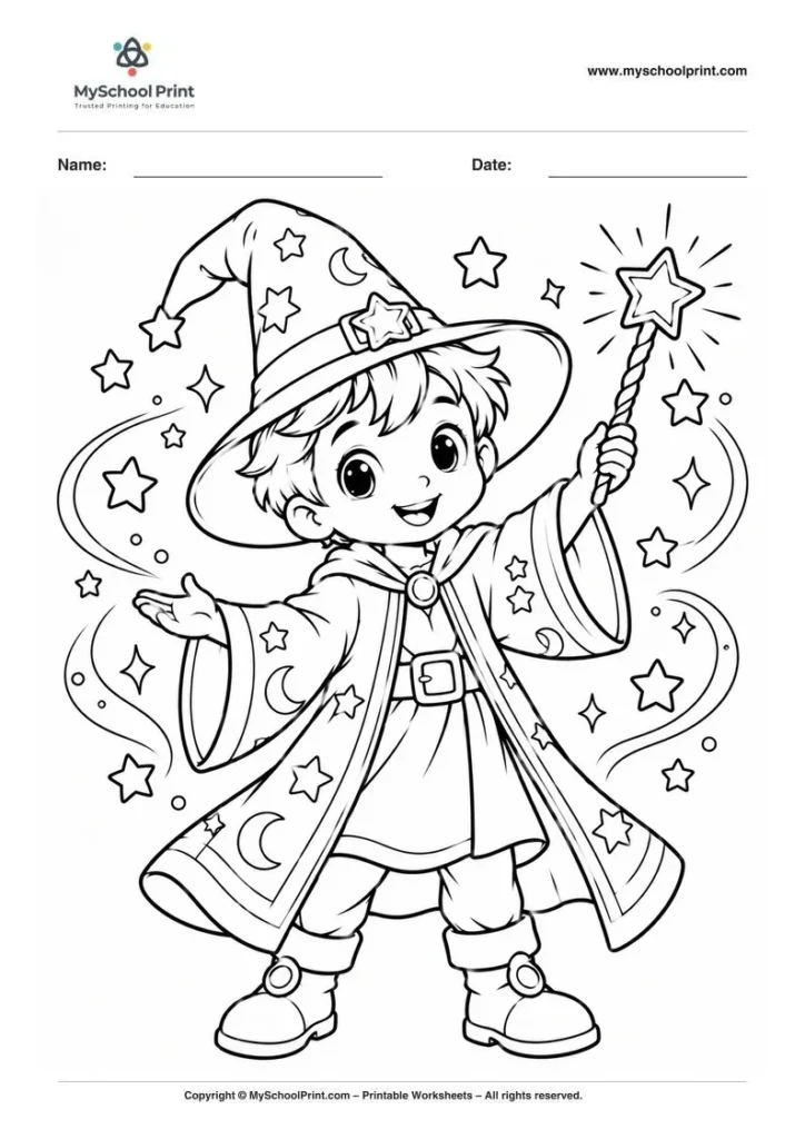 cheerful wizard boy magic scene coloring page for kids
