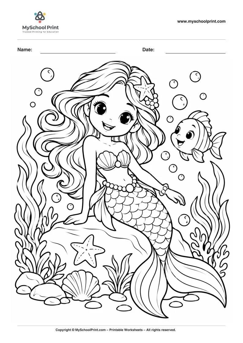 whimsical mermaid underwater adventure coloring page for kids