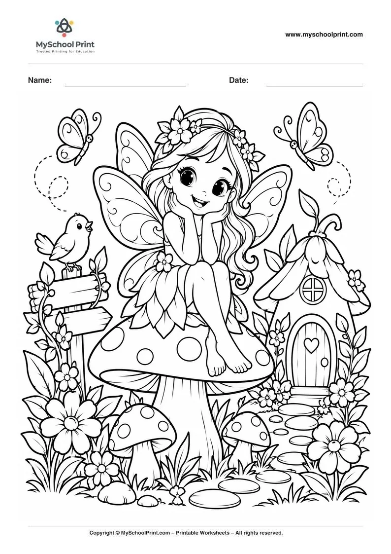 whimsical fairy garden coloring page for kids