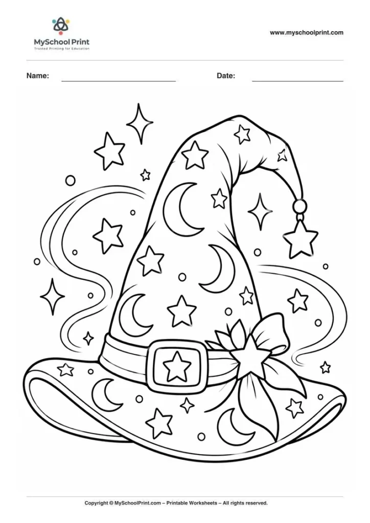 whimsical celestial wizard hat coloring page for kids