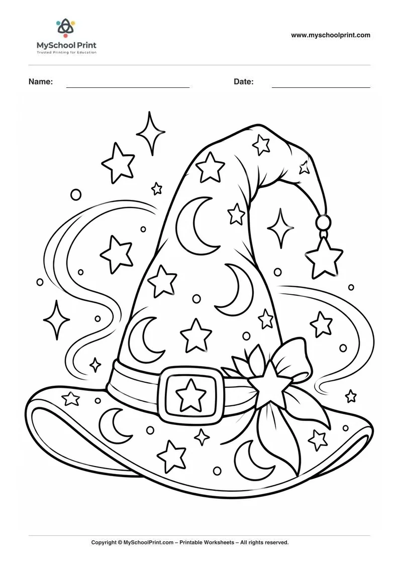 whimsical celestial wizard hat coloring page for kids