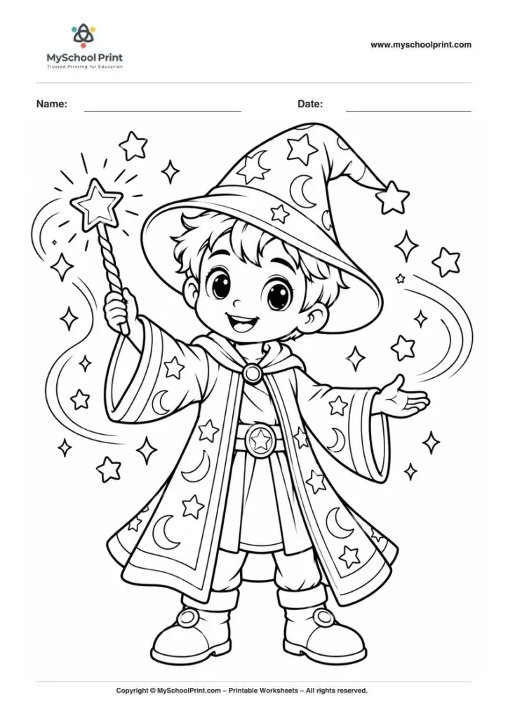 cheerful chibi wizard casting magic coloring page for kids