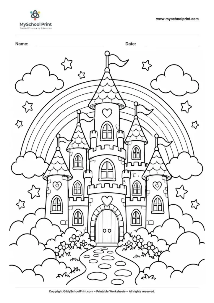 whimsical rainbow castle coloring page for kids