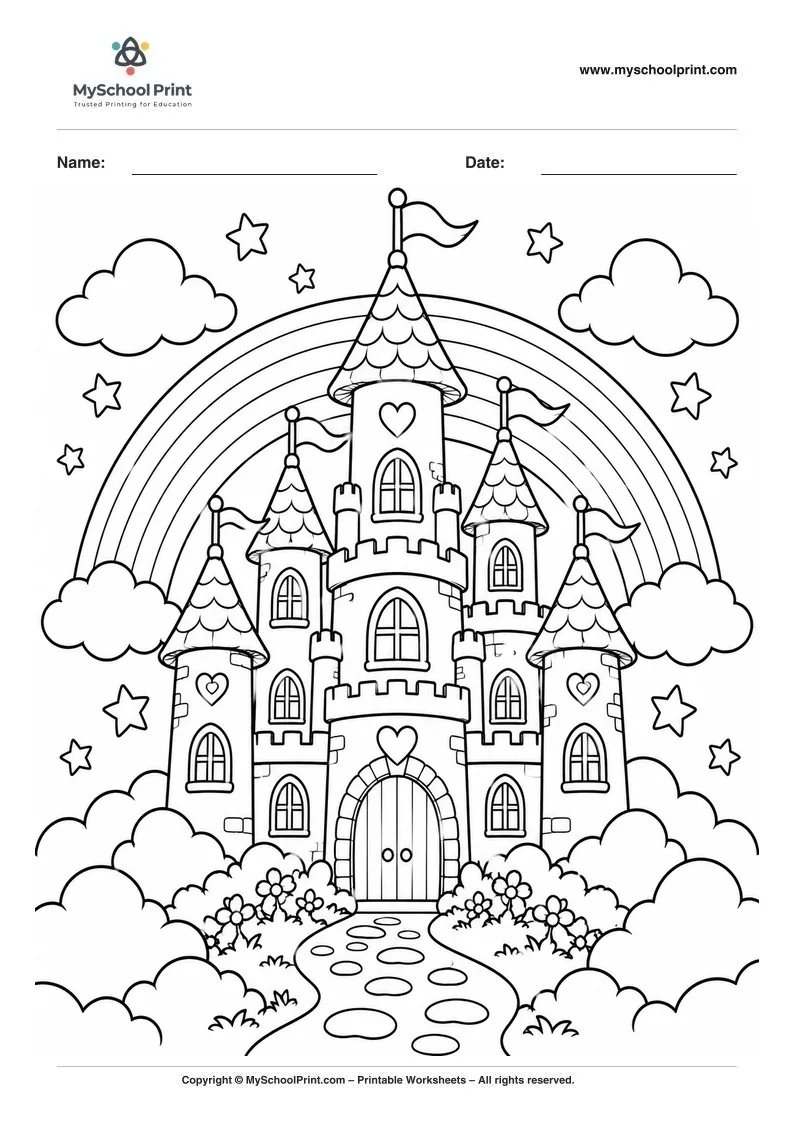 whimsical rainbow castle coloring page for kids
