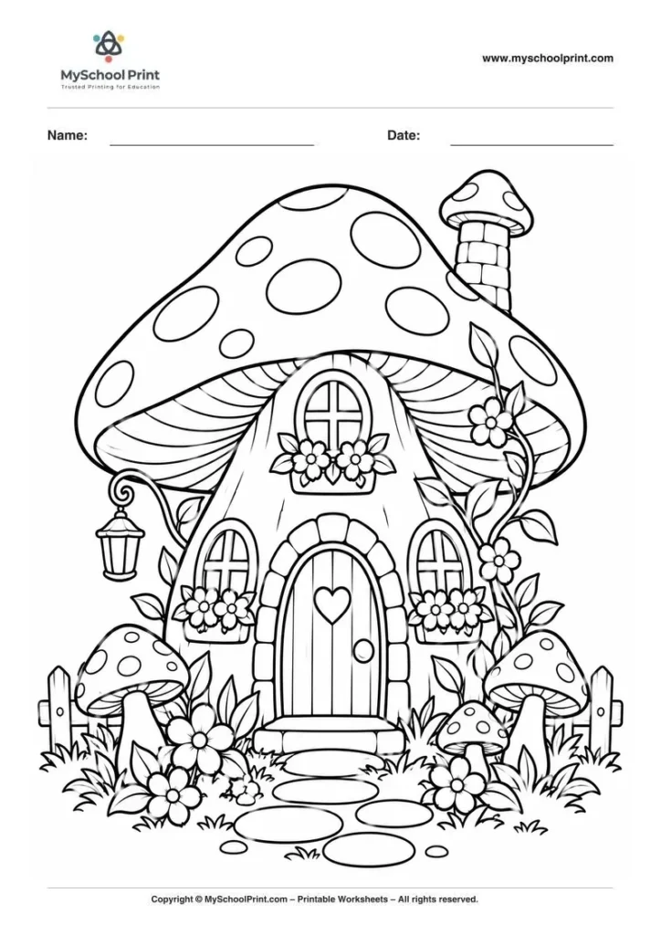whimsical mushroom cottage garden coloring page for kids