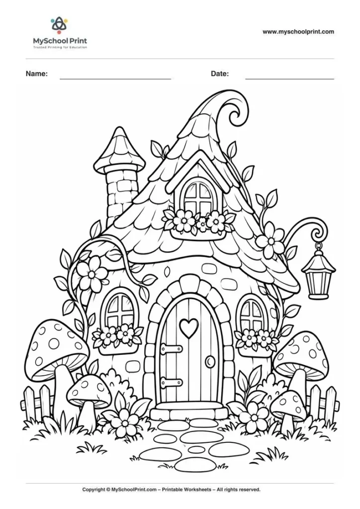 whimsical mushroom cottage coloring page for kids
