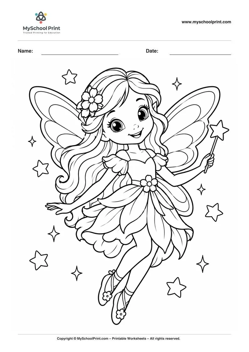 whimsical fairy with star wand coloring page for kids