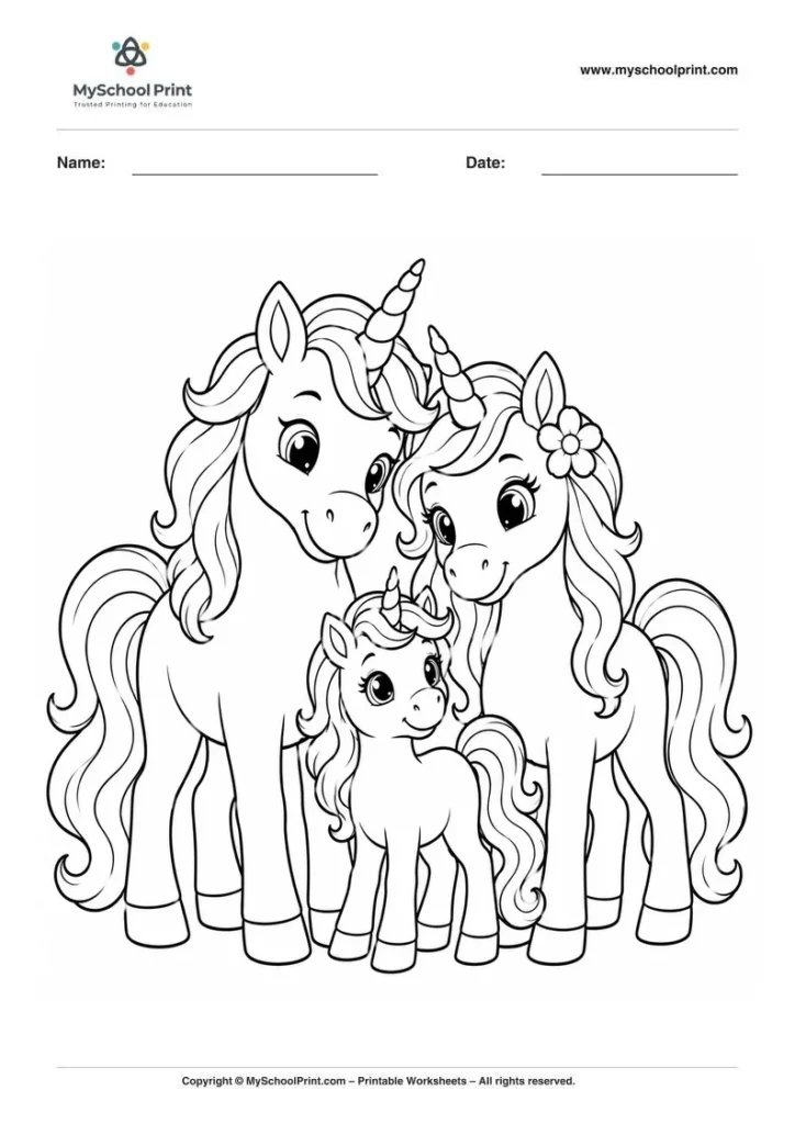 unicorn family portrait coloring page for kids