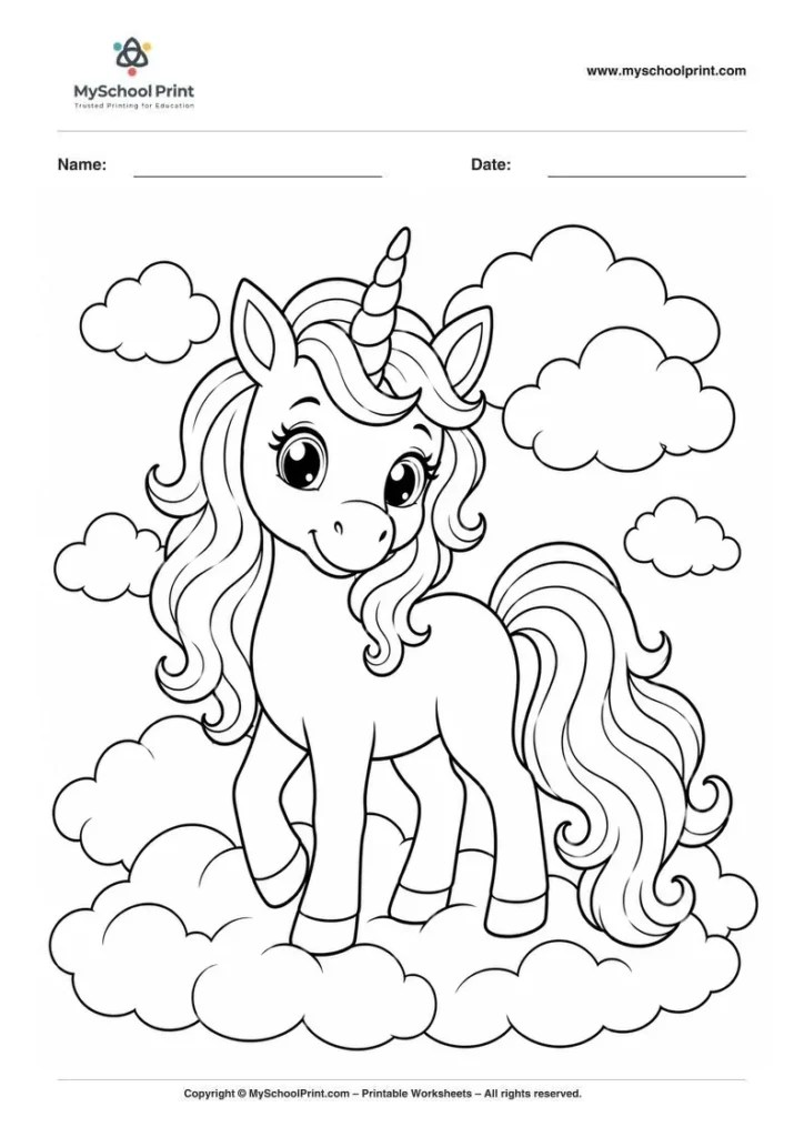 whimsical unicorn among clouds coloring page for kids