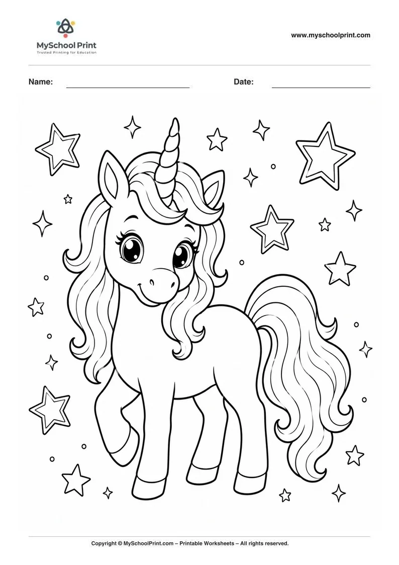 whimsical unicorn among sparkles coloring page for kids