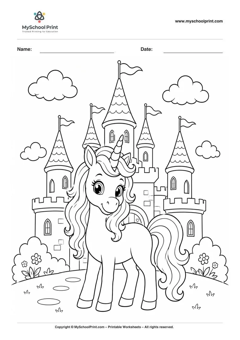 unicorn castle adventure coloring page for kids