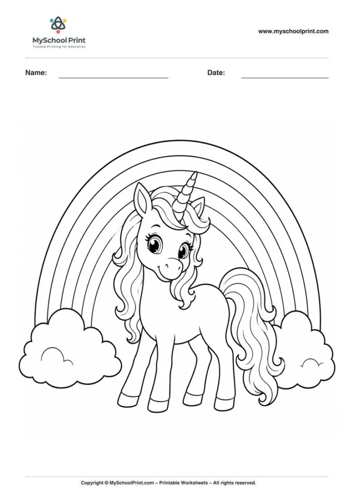 cute unicorn under a rainbow coloring page for kids