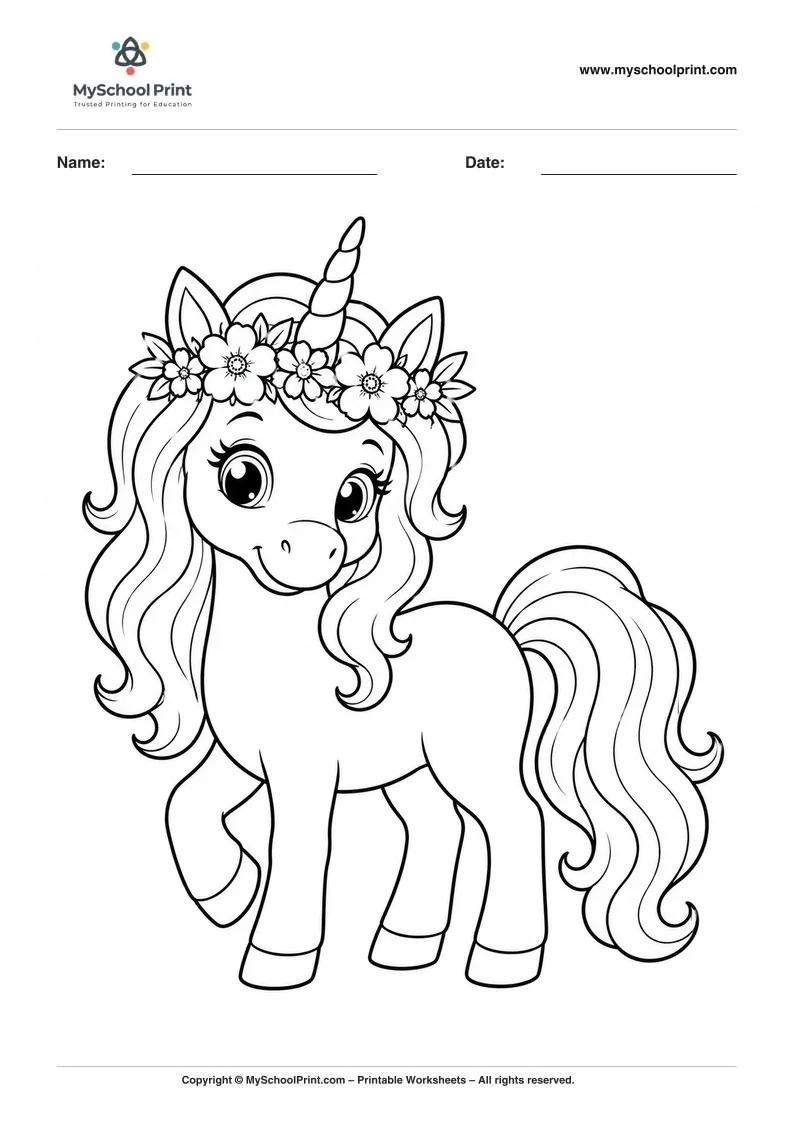 floral crowned unicorn coloring page for kids